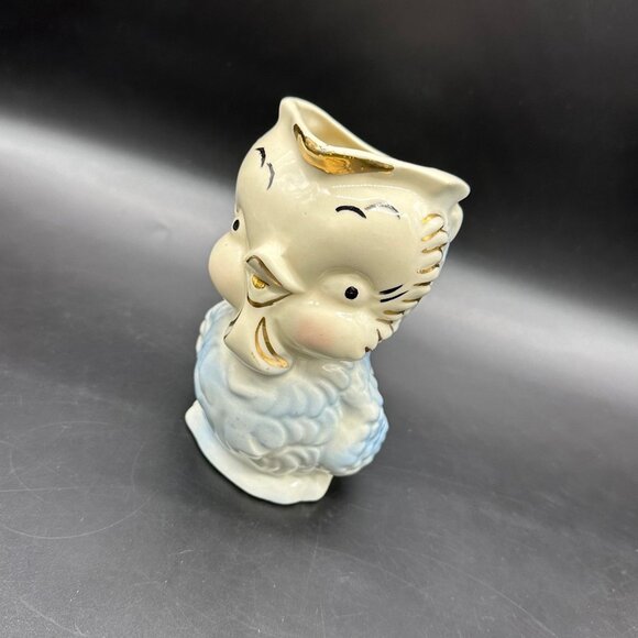 Vintage Shawnee Pottery Pitcher Chickadee Blue Bird Gold Kitschy Anthropomorphic - Picture 1 of 9